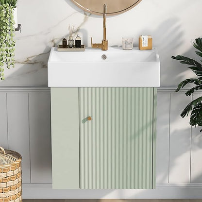 LUMISOL 21.6" Floating Bathroom Vanity with Sink, Wall Mounted Bathroom Vanity with Left Side Storage & Soft-Close Door, Small Bathroom Cabinet with Ceramic Sink, Green