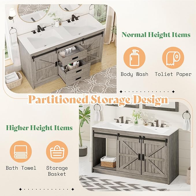 AMERLIFE Double Farmhouse Bathroom Vanity with Sink, 61in Sliding Barn Door Bathroom Storage Cabinet with Sliding Doors & Drawers, Dual Basin, Large Double Bath Vanity Sink Combo, Light Grey