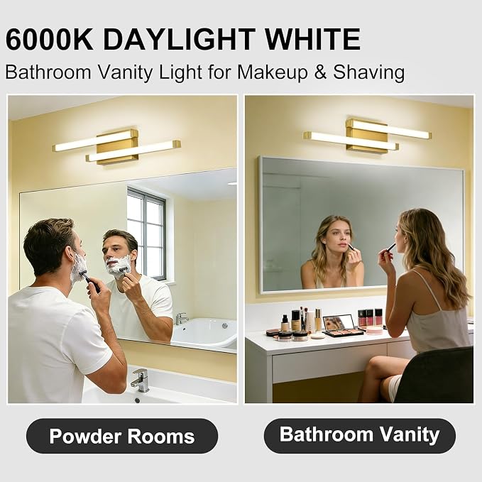 Bathroom Vanity Light Bar, 24 Inch Modern LED Bath Light, 18W 3 CCT 3000K 4000K 6000K Dimmable Hardwired Acrylic Vanity Light Bar Over Mirror, Gold, Bathroom, Bedroom, Hallway, Powder Room, Washroom