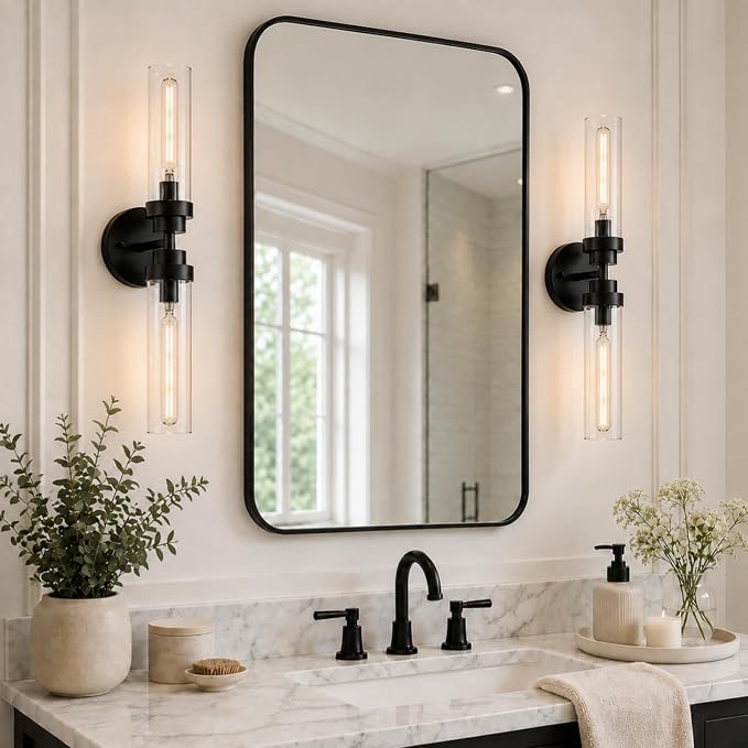 Emak 22 Inch Black Bathroom Light Fixtures Over Mirror, 2-Light Bathroom Vanity Light with Clear Glass Shade, 2 Pack Wall Sconce for Bathroom, Bedroom, Hallway, VL085-BKL-2-2PK