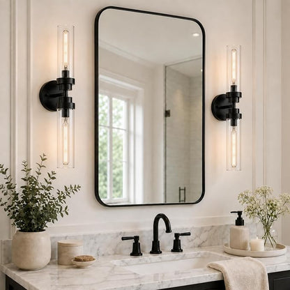 Emak 22 Inch Black Bathroom Light Fixtures Over Mirror, 2-Light Bathroom Vanity Light with Clear Glass Shade, 2 Pack Wall Sconce for Bathroom, Bedroom, Hallway, VL085-BKL-2-2PK