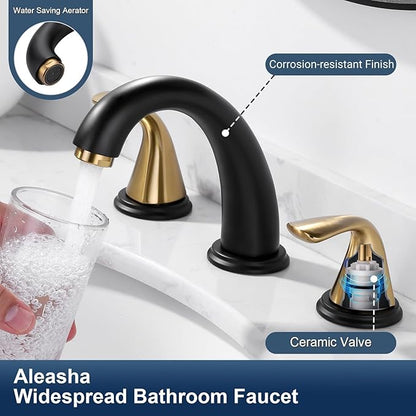 Aleasha Bathroom Sink Faucet 3 Holes Black Gold, Widespread Bathroom Faucet, Washroom Faucets with Pop Up Drain, Washroom Sink Faucets with 304 Stainless Steel Lead-Free Hose