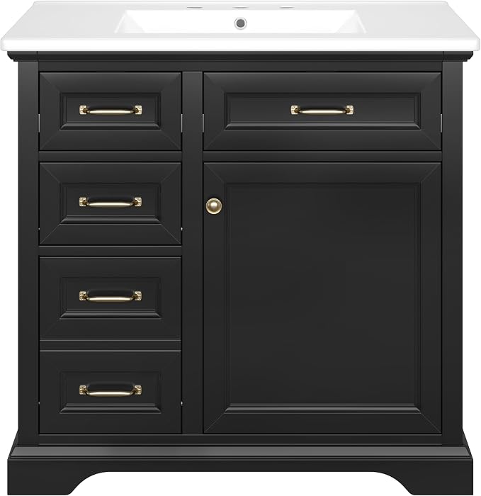 36" Bathroom Vanity with Ceramic Sink,Freestanding Storage Cabinet w/Soft-Close Door and 2 Tip-Out & 2 Drawers,Undermount Single Basin Bath Vanity Set w/Adjustable Shelf,Black