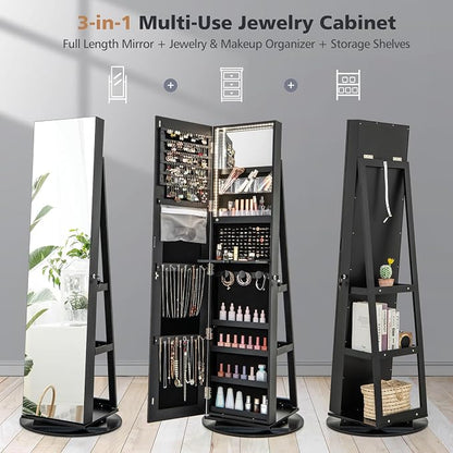 MAT EXPERT 360° Rotating Jewelry Armoire, Lockable Freestanding Jewelry Organizer w/Full-length Mirror, 3-Color LED Lights, Rear Storage Shelves, Mirror Jewelry Cabinet for Bedroom (Black)
