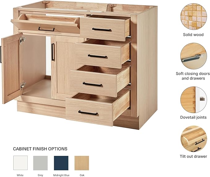 ARIEL Hepburn 42-inch Bathroom Vanity Base Cabinet,Solid Wood, 2 Soft Closing Doors, 5 Dovetail Drawers, White Oak