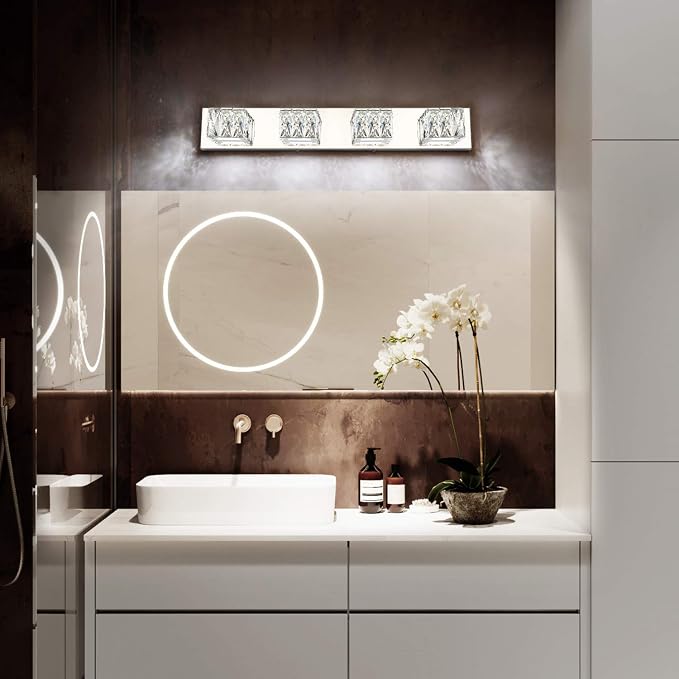 4 Lights Bathroom Vanity Light - Crystal Modern Vanity Lights for Bathroom - Dimmable 24W LED Chrome Bath Light Fixtures Over Mirror Cool White Light