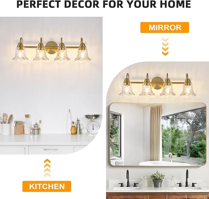 Bathroom Light Fixtures Over Mirror, 4 Lights Vintage Wall Sconces with Hammered Glass Shade, 26.8" Gold Bathroom Wall Light Fixtures for Bedroom, Porch, Hotel, Mirror Cabinet