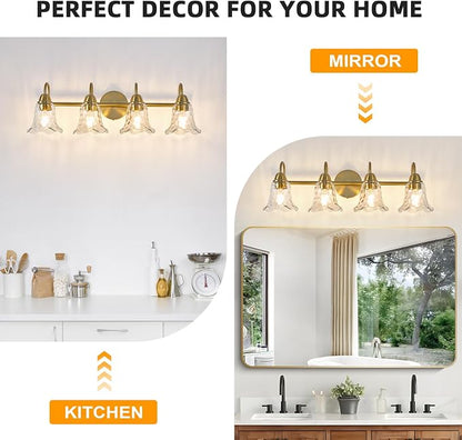 Bathroom Light Fixtures Over Mirror, 4 Lights Vintage Wall Sconces with Hammered Glass Shade, 26.8" Gold Bathroom Wall Light Fixtures for Bedroom, Porch, Hotel, Mirror Cabinet