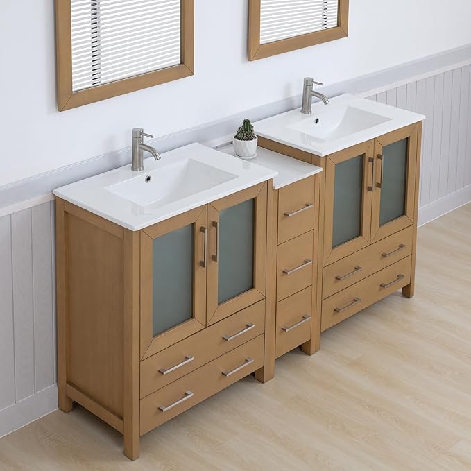 Vanity Art 72 Inch Under Mount Double Sink Bathroom Vanity Cabinet with 2 Mirrors, Ceramic Top Bathroom Cabinet Compact Set with 7 Dovetail Storage Drawers and Brushed Nickel Handles, VA3030-72-NO