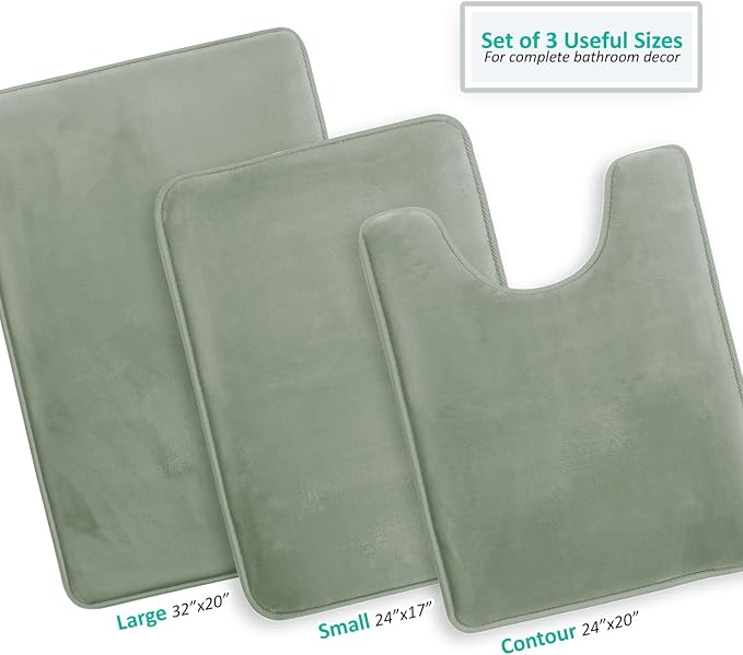 Clara Clark 3 Piece Bathroom Rugs, Velvet Memory Foam Bath Mat Set, Non-Slip Bath Rugs, Machine Wash, Dries Quickly, Ultra Soft Plush Bath Mats for Bathroom, 17 x 24/20 x 32 / Contour, Ice Green