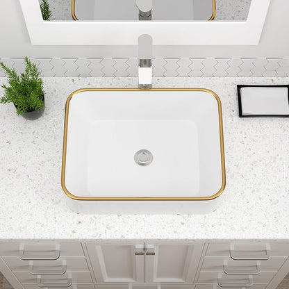 Dcolora Vessel Sink Rectangular 19"x15" White Vessel Sink with Gold Rim Ceramic Porcelain Rectangle Bathroom Sink Above Counter Vanity Sink Basin