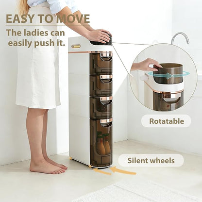 BGYMF 4-Tier Slim Bathroom Storage Cabinet,Narrow Rolling Storage Cart | Slim Cabinet for Bathroom,No installation required,White Plastic Organizer for Small Spaces, Kitchen, Laundry Room, Corner
