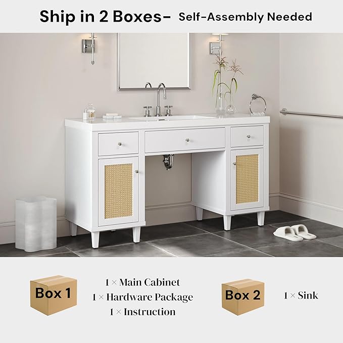 60 Inch White Bathroom Vanity with Single Sink & Integrated Countertop,Large Bathroom Vanity with Rattan Doors,2 Drawers & Storage Cabinets,Gas Spring Tip-Out Tray,Soft Closing System,Solid Wood Legs