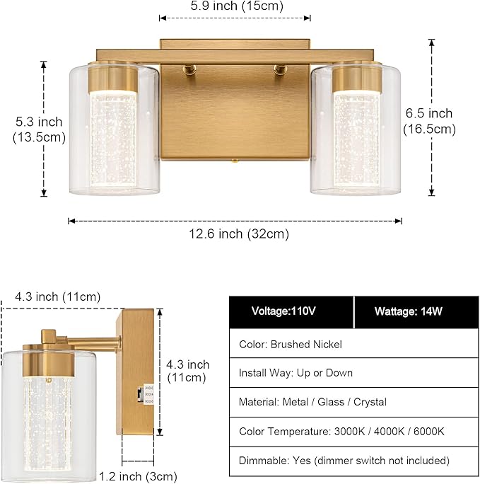SineRise 2-Light Gold Vanity Light with 3 Color Modes (3000K/4000K/6000K), Eye Protection LED Bathroom Light Fixture, Dimmable Modern Wall Light Over Mirror with Clear Glass Shade