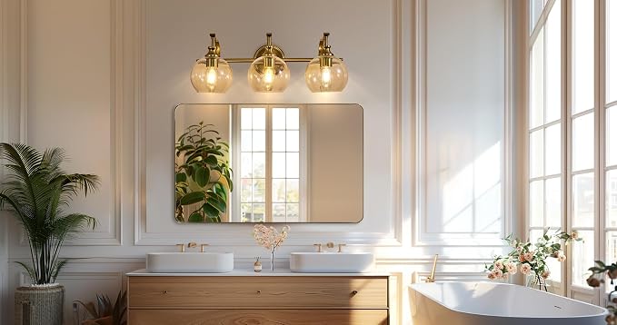 Bruhsed Gold Bathroom Light Fixtures, Gold 3 Light Bathroom Vanity Lights, 3 Lights Wall Light with Globe Clear Lampshade, Vintage Brass Sconce with Metal Lamp Body for Bedroom, Living Room