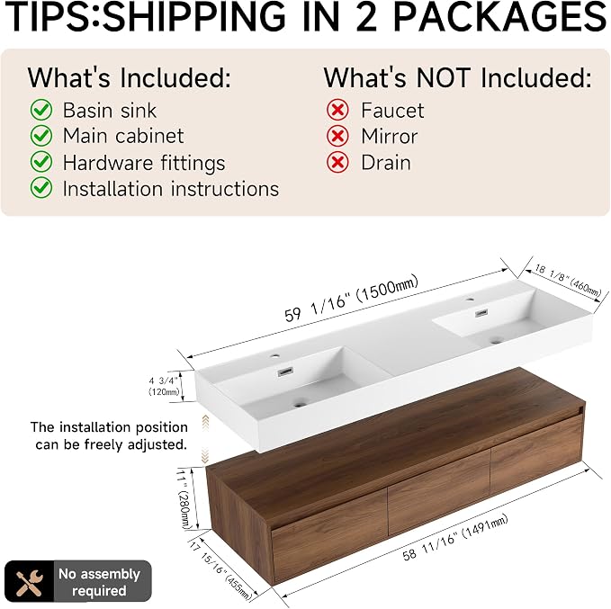 60 Inch Floating Bathroom Vanity with Double Sink, Modern Wall-Mounted Bathroom Cabinet with Resin Sink & Soft Close Drawers, Split-Level Layout (Walnut, 60" Double Sink)