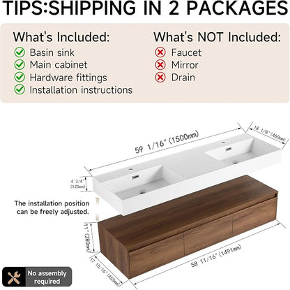 60 Inch Floating Bathroom Vanity with Double Sink, Modern Wall-Mounted Bathroom Cabinet with Resin Sink & Soft Close Drawers, Split-Level Layout (Walnut, 60" Double Sink)