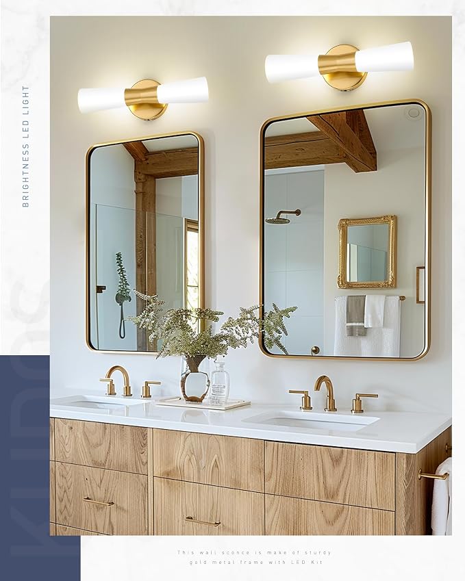 kudos 16 Inch Brushed Gold Vanity Light, Milk White Glass, 3CCT, KDVL13-GD | LED, 14W, 1100 Lumens, 3000K, 4000K and 5000K Selectable, Hardwired,for Bathrooms and Bedrooms