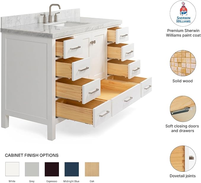 DKB Beckford 54-Inch White Bathroom Vanity with Sink, 1.5" Edge Italian Carrara Marble Countertop & Backsplash, Center Rectangular Sink, 2 Soft Closing Doors, 9 Dovetail Drawers, Brushed Nickel
