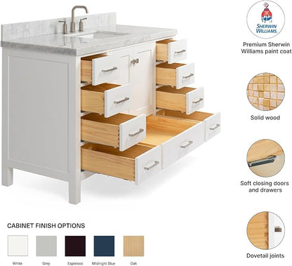 DKB Beckford 54-Inch White Bathroom Vanity with Sink, 1.5" Edge Italian Carrara Marble Countertop & Backsplash, Center Rectangular Sink, 2 Soft Closing Doors, 9 Dovetail Drawers, Brushed Nickel
