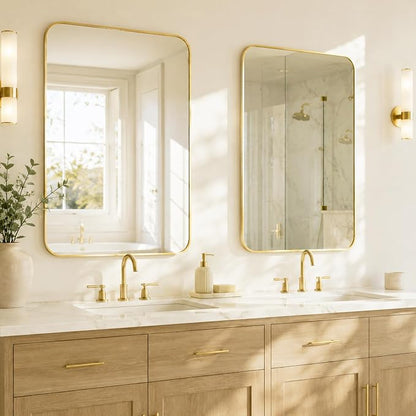 2-Pack 24x36 Inch Brushed Gold Rounded Rectangle Vanity Mirrors | Double Vanity or Two Bathrooms, Pair or Separate Use, Aluminum Frame, Slim Front Profile, Two-Way Mount