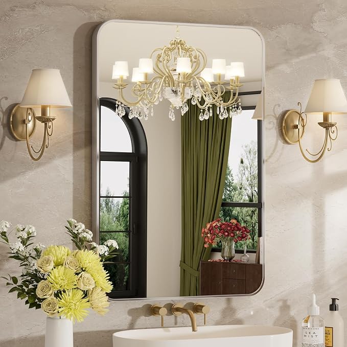 16"x20" Bathroom Mirror for Over Sink, Brushed Nickel Vanity Mirror | Aluminum Alloy Frame, Clear Reflection, Rust-Resistant, Vertical or Horizontal, Wall Mount, Bedroom and Entryway