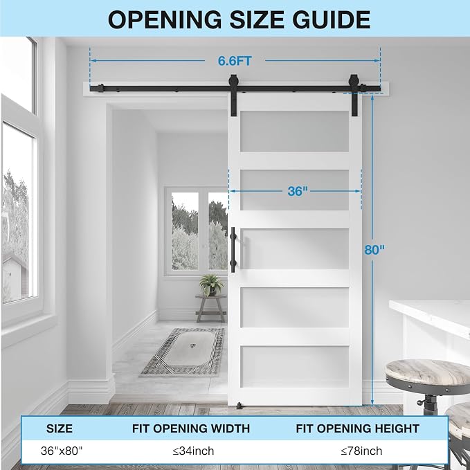 36in x 80in 5-Panel Sliding Glass Barn Door with 4ft Hardware Kit | Easy Assembly with Pre-Drilled Holes, Waterproof, Frosted Glass for Bathroom-Fit Max Opening 34in x 78in