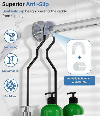 Adjustable Shower Caddy Hanging, Extended Length Organizer Over Shower Head, 3 Tier Long Neck Shower Rack with Soap Holder for Large Storage, Black