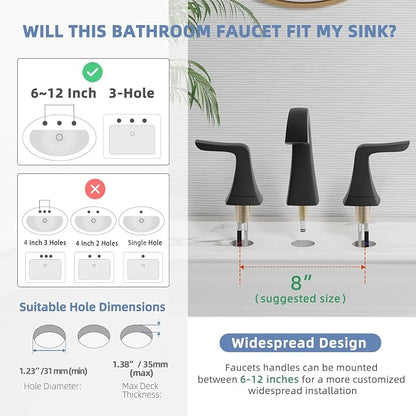 VXV Matte Black Bathroom Sink Faucet 3 Hole Widespread, 8 Inch Vanity Faucet with Pop-Up Drain & Pre-Attached Supply Lines for Easy DIY Installation, Faucet for Bathroom Sink, RV