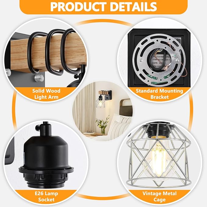 FadimiKoo Wall Sconces Set of Two, Bedside Wood Wall Lamps with Rotary Switch, Black Bathroom Vanity Light with Silver Wire Cage, Rustic Dimmable Sconces Wall Lighting for Living Room, Hallway, Mirror
