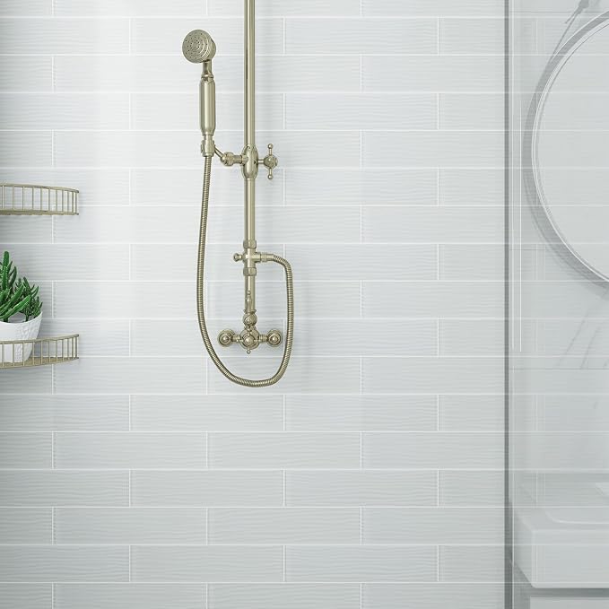 White Glass Subway Tile, Water Wave Glass for Shower Bathroom Kitchen Backsplash Wall, 3 x 12 Inch, 4 Sq.Ft.