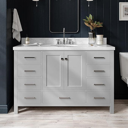 ARIEL Cambridge 54-inch Bathroom Vanity with Sink,Solid Wood, 1.5-inch Italian Carrara Marble Countertop & Backsplash, Single Oval Porcelain Sink, 2 Soft Closing Doors, 9 Dovetail Drawers, White