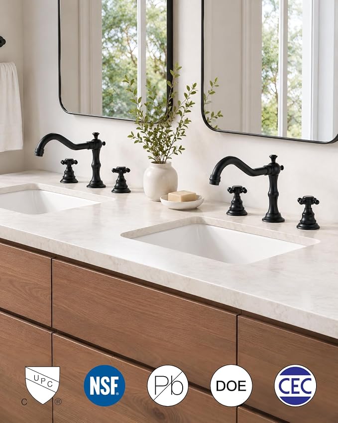 gotonovo 3 Hole 8’’ Widespread Bathroom Sink Faucet Matte Black | Vintage Bathroom Faucet,2 Cross Handle,6-16’’ Sink,Vanity,Basin,RV,Farmhouse,SUS304,24’’ cUPC Hose Pop Up Drain,Deck Mount