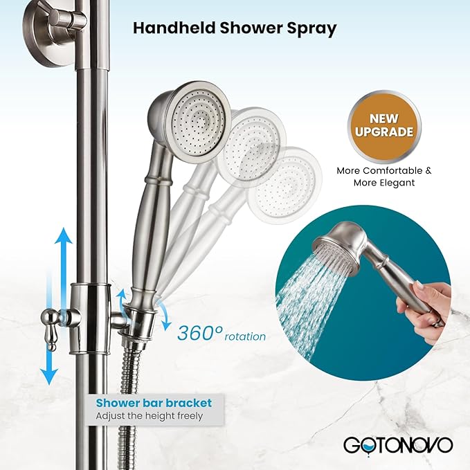 gotonovo Exposed Bathroom Shower Faucet Set Shower Fixture 8 Inch Rainfall Shower Head Handheld Shower Cross Handle Wall Mount 2 Functions Brushed Nickel