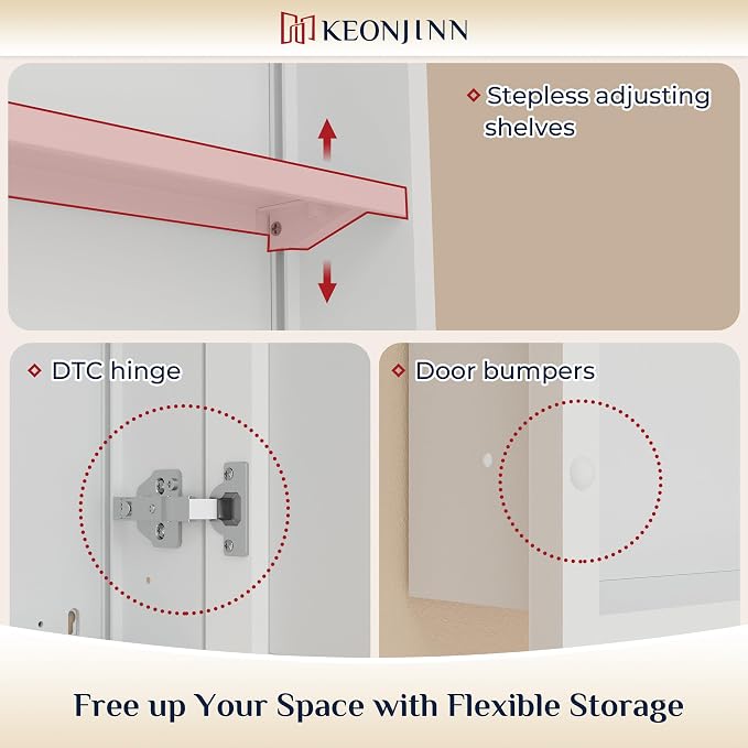 Keonjinn 16" x 24" Bathroom Medicine Cabinet with Mirror, White, Assembled | Aluminum Framed, Adjustable Shelves, Recessed or Surface Wall-Mounted, Metal Bathroom Vanity Mirror with Storage Cabinet