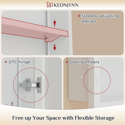Keonjinn 16" x 24" Bathroom Medicine Cabinet with Mirror, White, Assembled | Aluminum Framed, Adjustable Shelves, Recessed or Surface Wall-Mounted, Metal Bathroom Vanity Mirror with Storage Cabinet