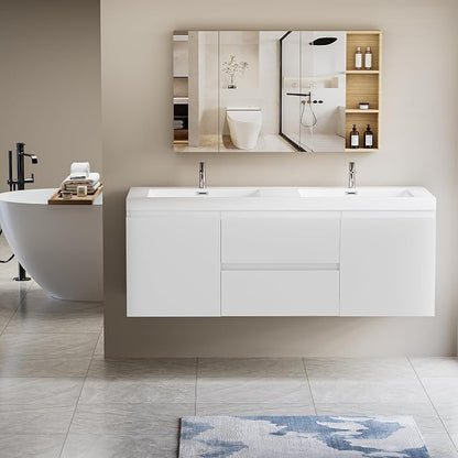60 Inch Floating Bathroom Vanity with Double Sink, Large Storage Wall Mounted Floating Vanity with Soft Close Drawers, One-Piece Basin Bathroom Sink Cabinet (Glossy White, 60" Double Sink)
