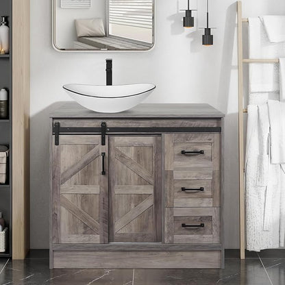 36 Inch Barn Door Bathroom Vanity, Farmhouse Style Standing Pedestal Cabinet with White Ceramic Boat Sink with Black Trim