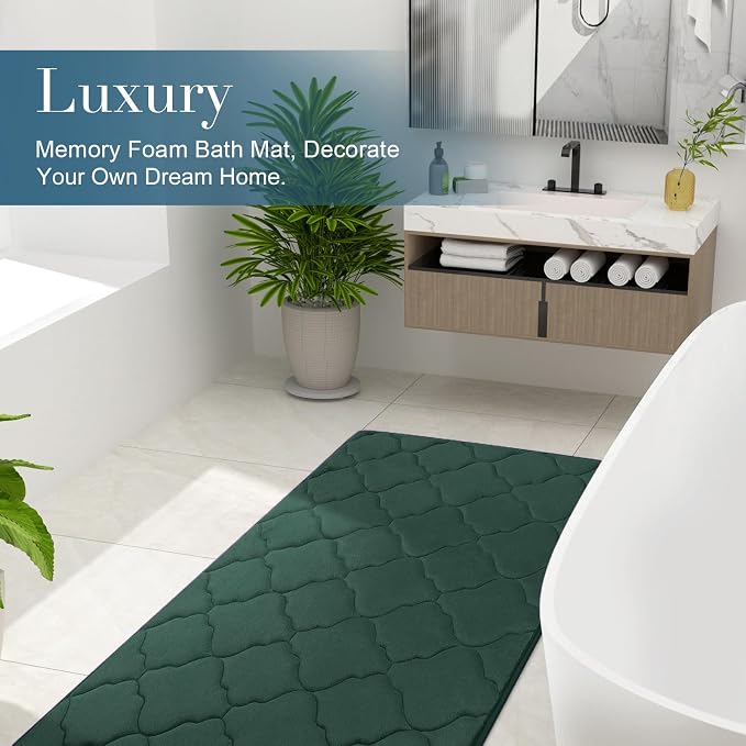 OLANLY Memory Foam Bath Mat Rug 24x16, Ultra Soft and Absorbent Bathroom Rugs, Non-Slip, Comfortable, Machine Washable Bath Carpet for Bathroom Floor, Tub Shower and Home Decor Accessories, Dark Green