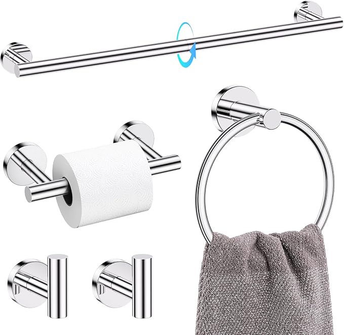TQKAG 5 Piece Towel Racks for Bathroom, 23.6" Bathroom Hardware Set Chrome | Bathroom Hardware Set, SUS304 Stainless Steel, Double Post Pivoting, Towel Hooks, Toilet Paper Holder Set Wall Mounted