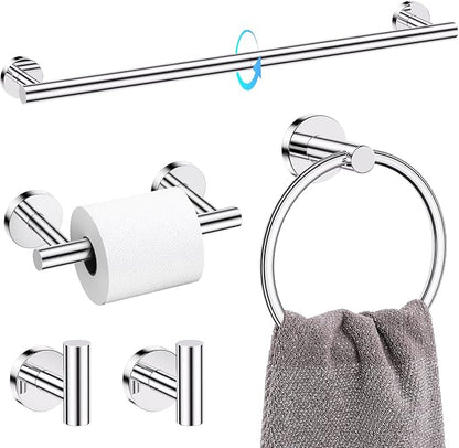 TQKAG 5 Piece Towel Racks for Bathroom, 23.6" Bathroom Hardware Set Chrome | Bathroom Hardware Set, SUS304 Stainless Steel, Double Post Pivoting, Towel Hooks, Toilet Paper Holder Set Wall Mounted