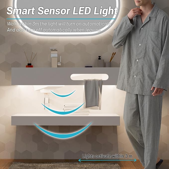 36"x19" Wall Mount Bathroom Vanity with LED Smart Sensor Light, Stone Resin Floating Vanity Sink Rectangular Vessel White Trough Art Basin with Shelf Layer