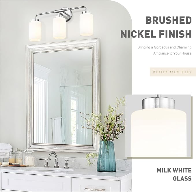 zeyu 21.6-Inch 3-Light Bathroom Lights Over Mirror Fixture, ZS62B-3W BN | Brushed Nickel Vanity Lighting, Milky White Glass Shade, Up/Down Mount, 3 E26 Bulbs Up To 60W Each, For Bathroom Mirror