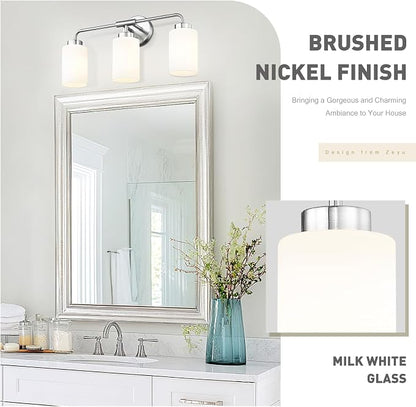 zeyu 21.6-Inch 3-Light Bathroom Lights Over Mirror Fixture, ZS62B-3W BN | Brushed Nickel Vanity Lighting, Milky White Glass Shade, Up/Down Mount, 3 E26 Bulbs Up To 60W Each, For Bathroom Mirror