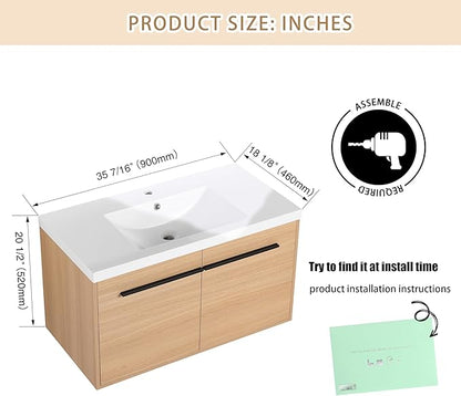 36" Floating Bathroom Vanity,36 Inch Bathroom Vanity with Sink,Single Sink Wall Mounted Vanity Combo,Brown Wall Mounted Cabinet Set
