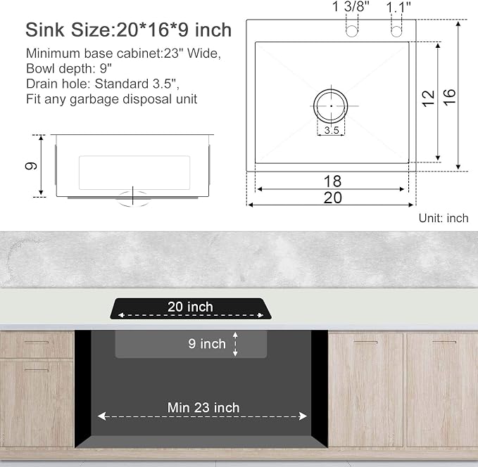 20"x16" Drop-In Single Bowl Kitchen Sink Black Steel 9" Deep | 20 inch Black drop-in sink | 304 Stainless Steel Handmade | Topmount/Overmount | Strainer included | Small Kitchen/Prep