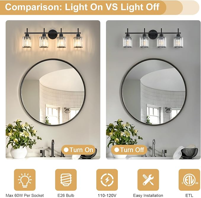 Black Bathroom Light Fixtures, Round, 4-Light | Vanity Lights with Crystal Shades, Modern Bathroom Lighting Fixtures over Mirror (Bulbs Not Included, E26)