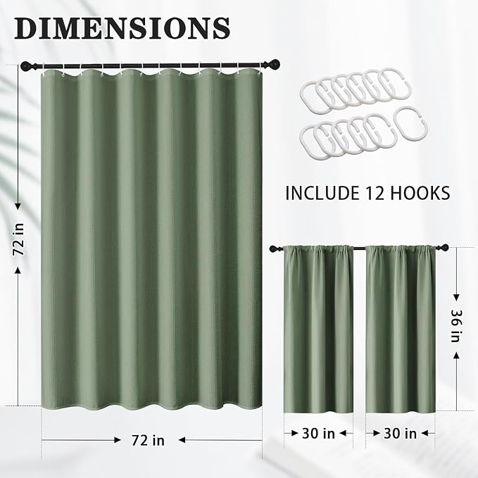Shower Curtain Set, for Bathroom Decor 72" x 72", Sage Green | Waffle Textured Modern Solid Waffle Textured Cloth Waterproof Matching Window Shower Curtain 36 x 30 Inches