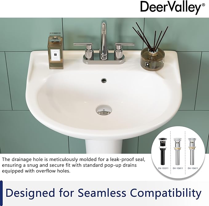 DeerValley Ally 20x17 Inch U-Shape White Ceramic Pedestal Sink, 3-Hole Faucet Configuration with Overflow, DV-1P52503