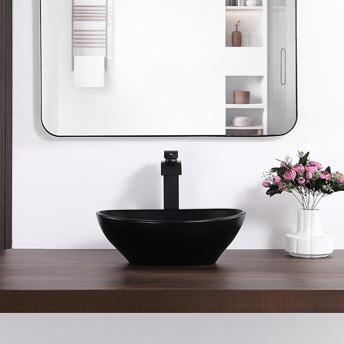 Oval Vessel Sink 16" x 13" Countertop Bathroom Sinks Modern Egg Shape Above Counter Matte Black Ceramic Small Sink Vessel Sinks for Bathrooms